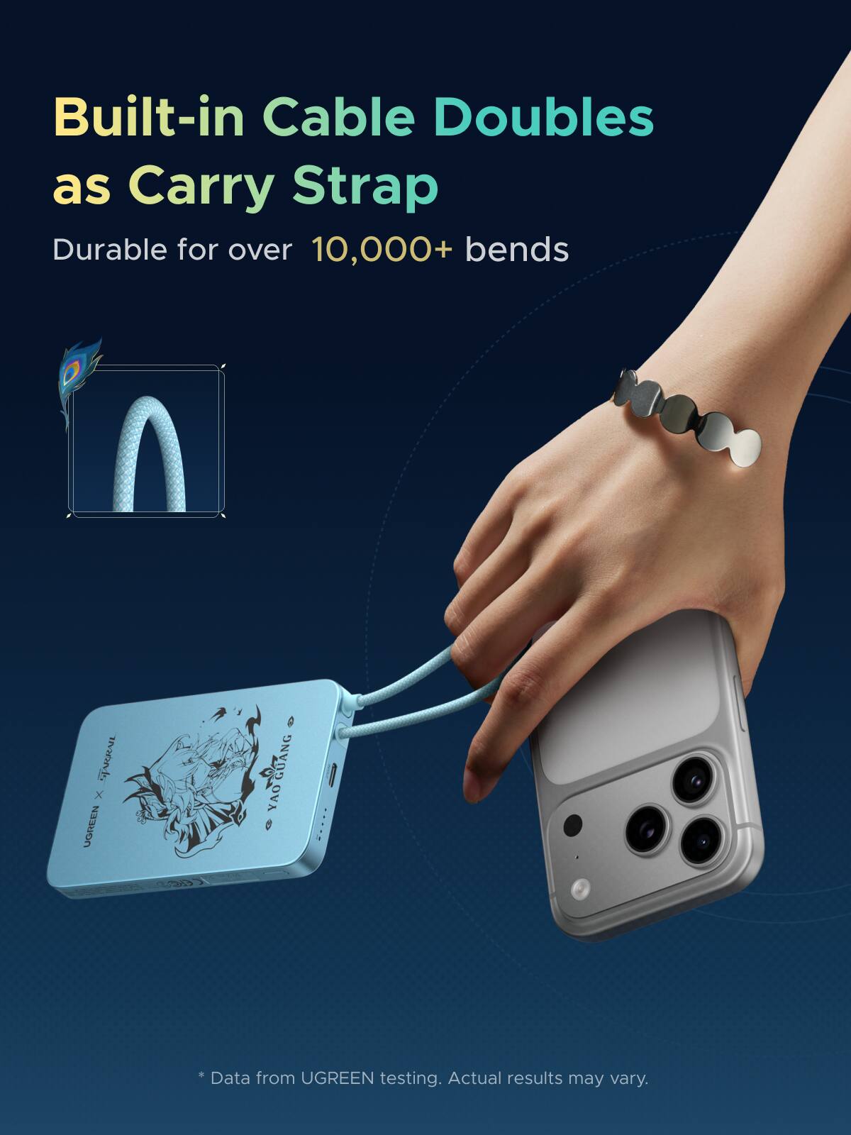 Built-in Cable Doubles as Carry Strap  
Durable for over 10,000+ bends  

SJARRAIL X UGREEN  
GUANG YAO 8  

* * Data from UGREEN testing. Actual results may vary.