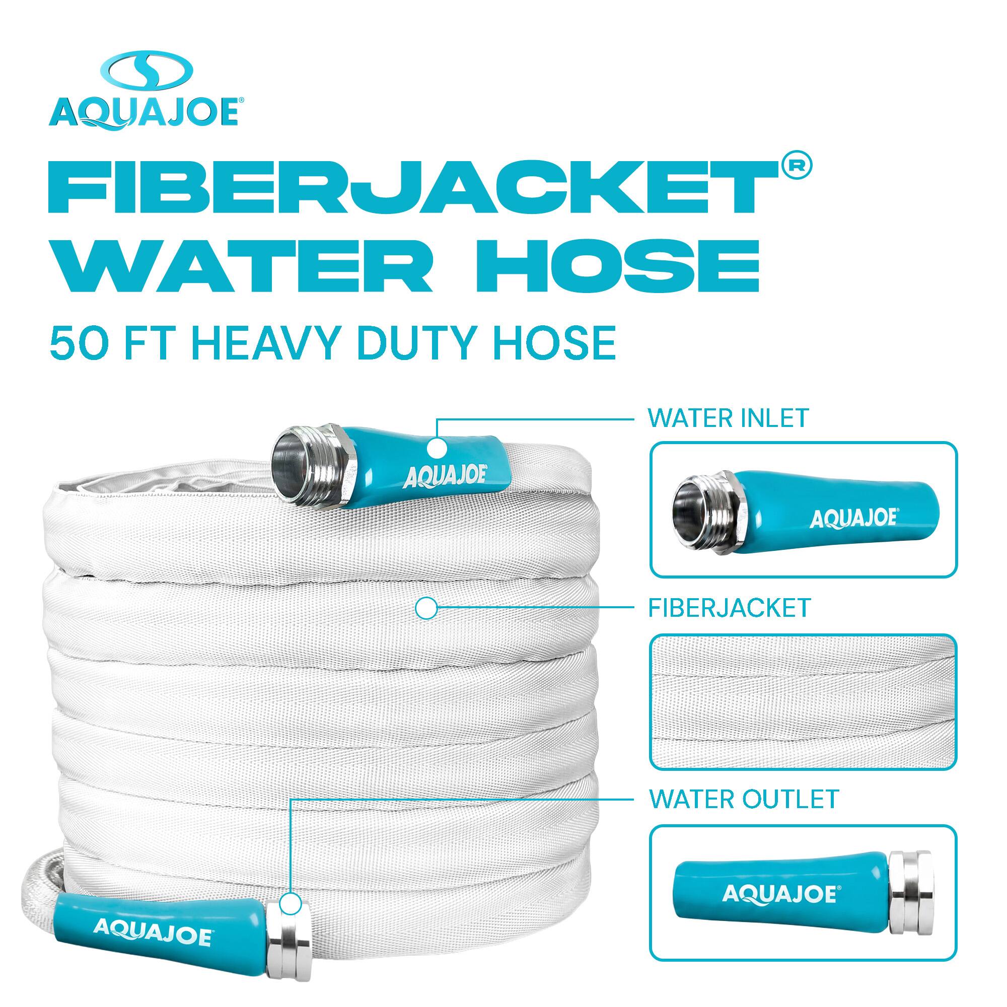 AQUAJOE FIBERJACKET WATER HOSE 50 FT HEAVY DUTY HOSE WATER INLET AQUAJOE FIBERJACKET WATER OUTLET AQUAJOE