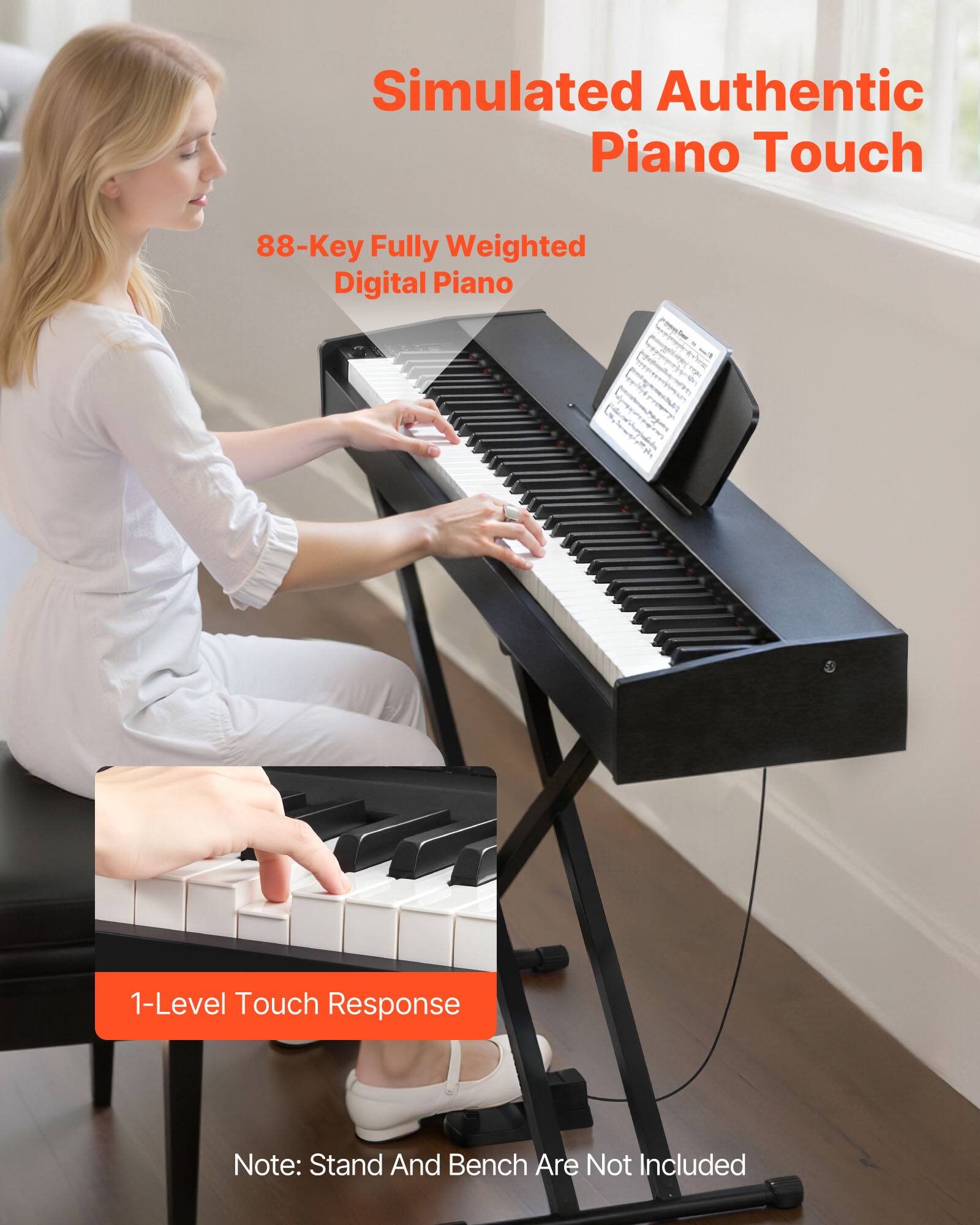 Simulated Authentic Piano Touch

88-Key Fully Weighted Digital Piano

1-Level Touch Response

Note: Stand And Bench Are Not Included