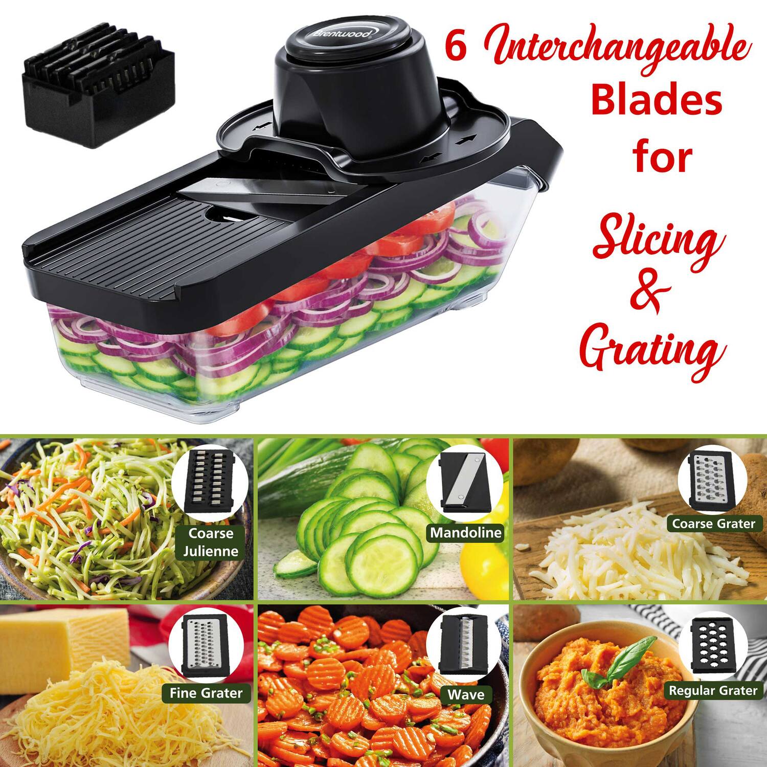 6 Interchangeable Blades for Slicing & Grating

- Coarse Julienne
- Mandoline
- Coarse Grater
- Fine Grater
- Wave
- Regular Grater