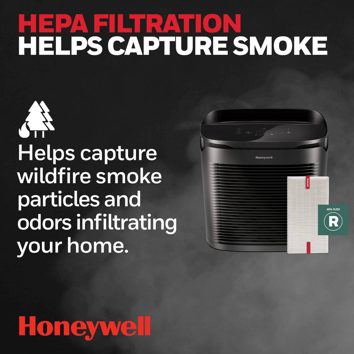 Honeywell HPA FILTRATION HELPS CAPTURE SMOKE Helps capture wildfire smoke particles and odors infiltrating your home. Honeywell