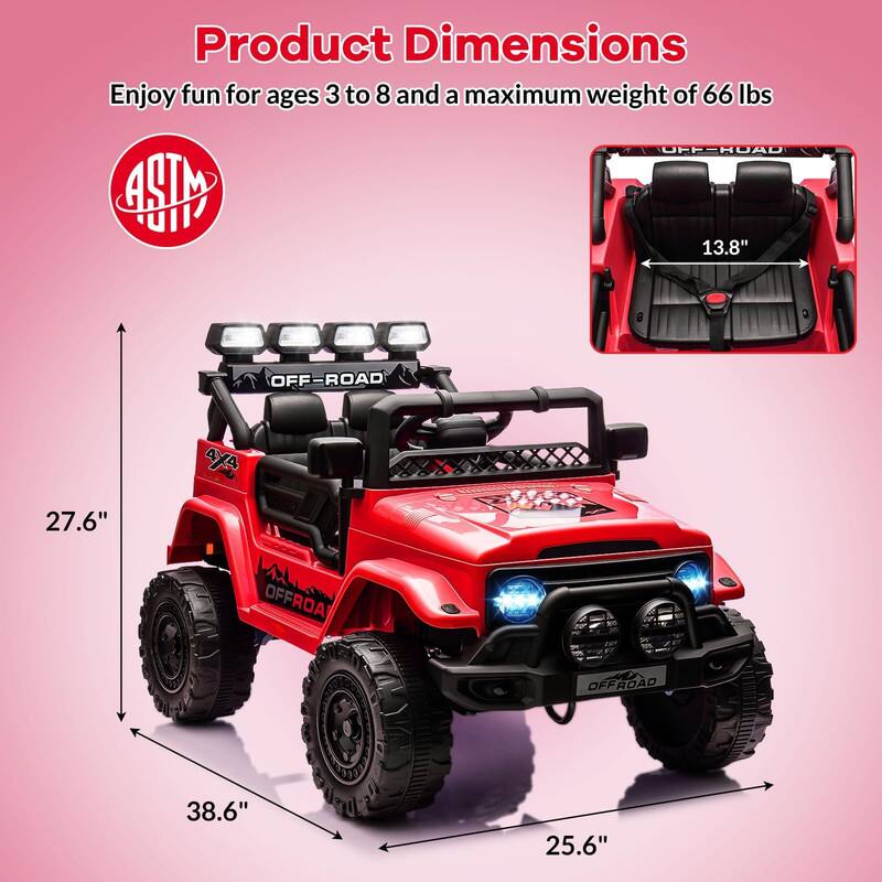 Product Dimensions

Enjoy fun for ages 3 to 8 and a maximum weight of 66 lbs

- Length: 38.6"
- Width: 25.6"
- Height: 27.6"
- Seat Width: 13.8"