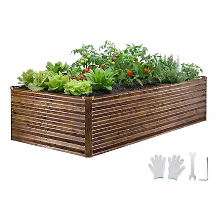 Front. VEVOR - Galvanized Raised Garden Bed, 8 x 4 x 2 ft, Rectangular Metal Planter Box Kit Outdoor, Bottomless Elevated Planting Box - Deep Wood Grain.