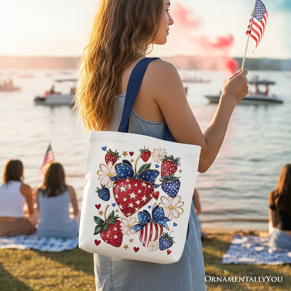 Left. OrnamentallyYou - Patriotic Boho Strawberries Bouquet Canvas Tote Bag, 4th of July Festive Patch Gift - White Navy.