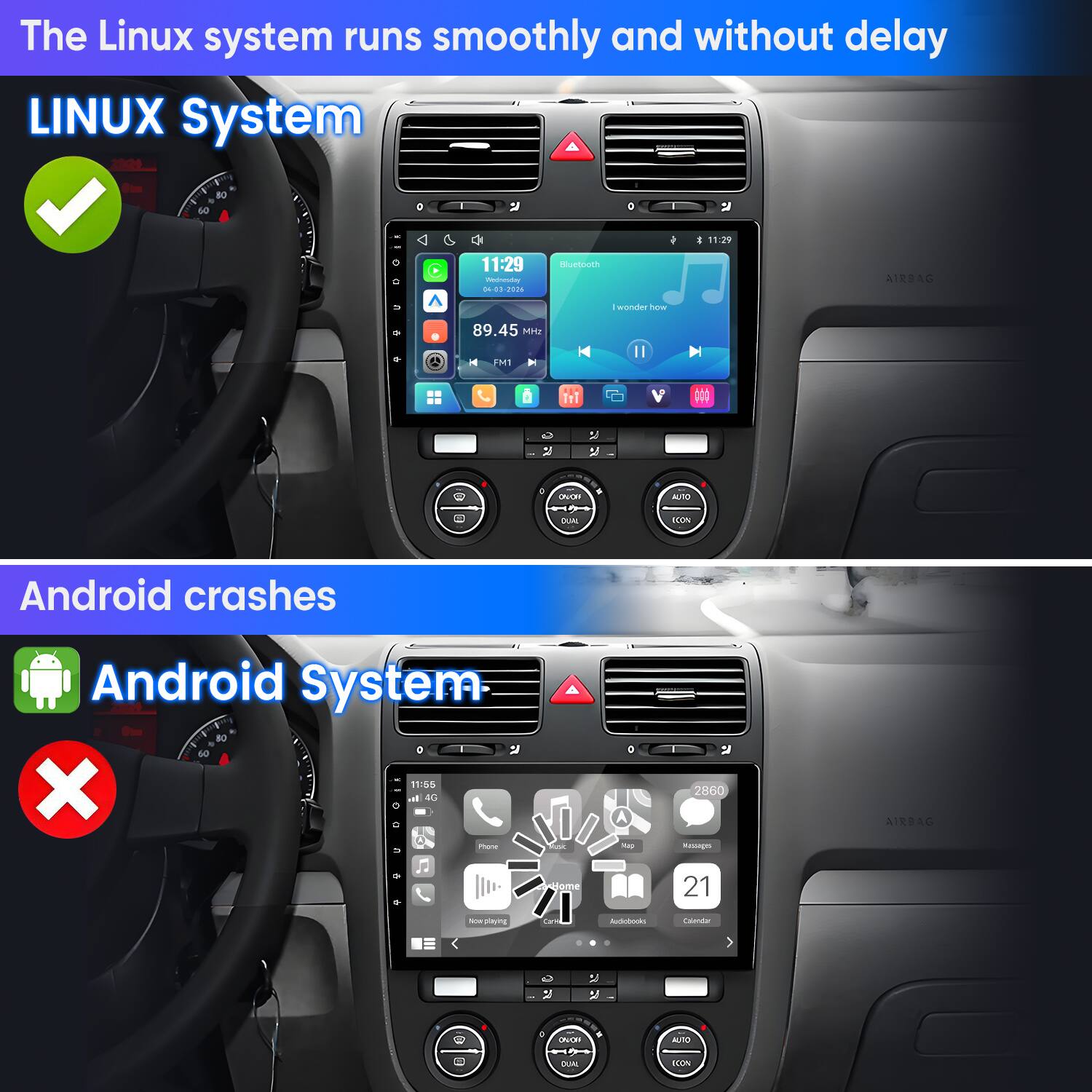 The Linux system runs smoothly and without delay  
LINUX System

Android crashes  
Android System