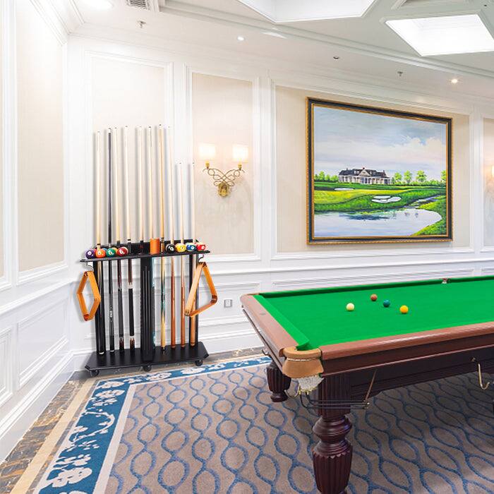 Alt View 3. GSE Games & Sports Expert - Wood 10 Floor Stand Pool Cue Rack Only Holds Full Balls Set, Ball Racks, Drink Holders - Black - Black.