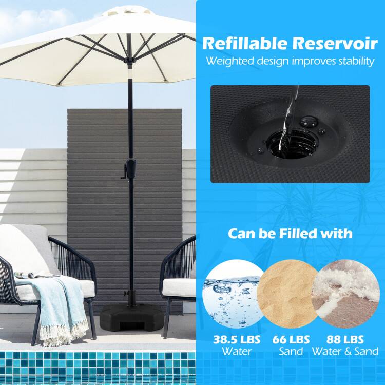 Refillable Reservoir  
Weighted design improves stability  

Can be Filled with  
38.5 LBS Water  
66 LBS Sand  
88 LBS Water & Sand
