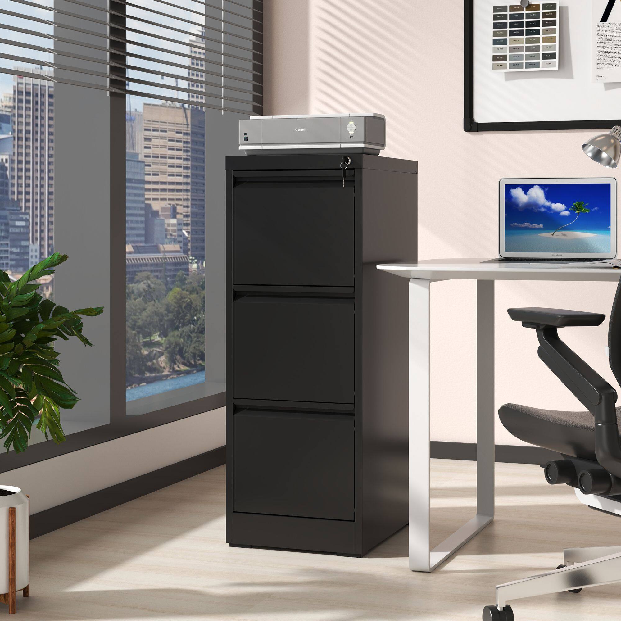 Back. Mirfee - 3-Drawer Vertical File Cabinet with Lock, for A4/Legal/Letter Files - Black.