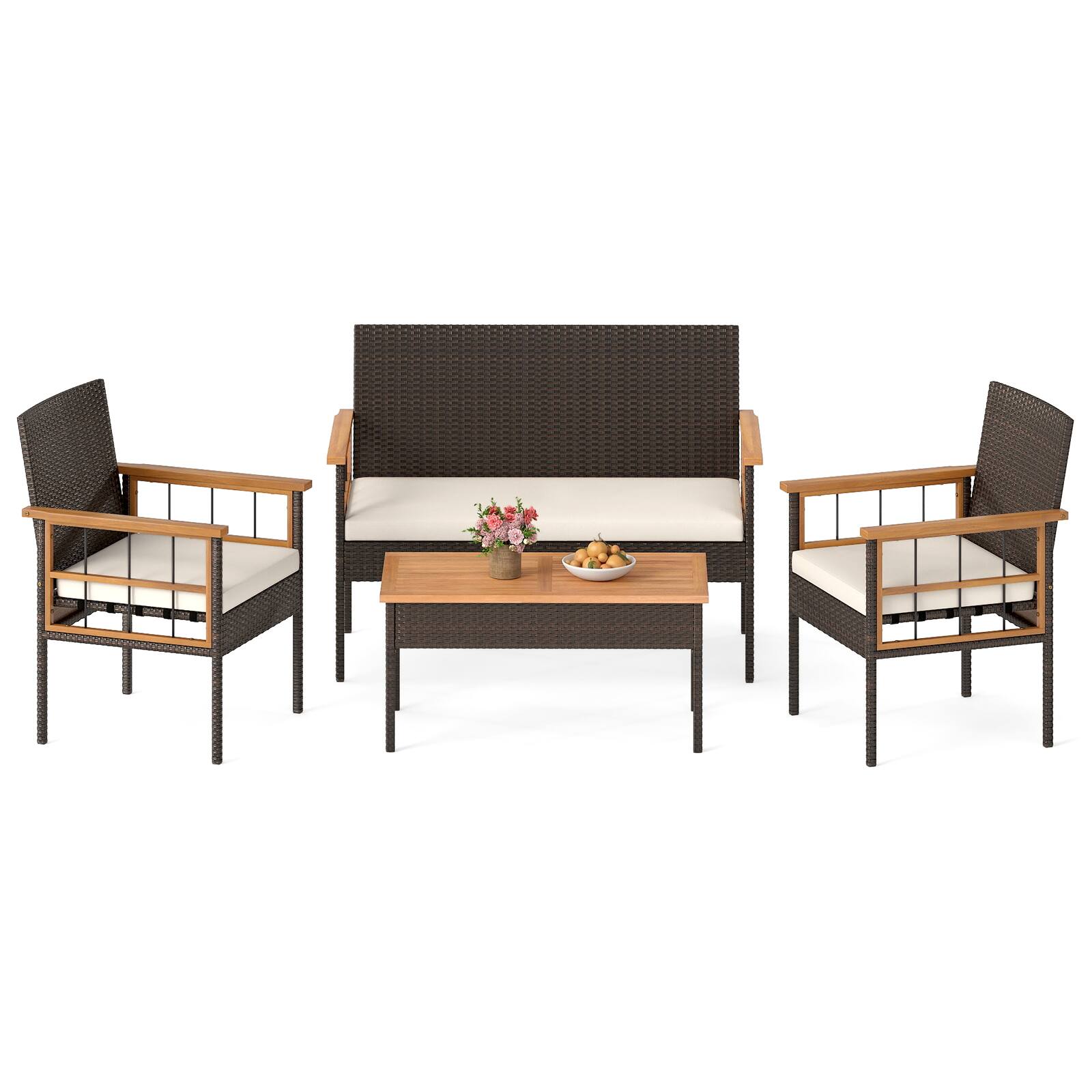 Alt View 7. Gymax - Gymax Set of 3 Wicker Furniture Set w/Acacia Wood Tabletop Armrests Cushions for Backyard White - Brown.