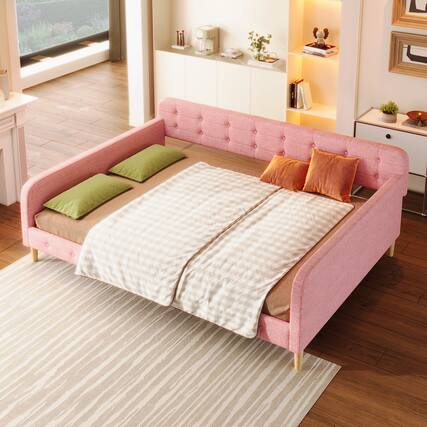 Front. Whisen - Queen Size Upholstered Daybed with Slat Kit for Bedroom and Living Room - Pink.