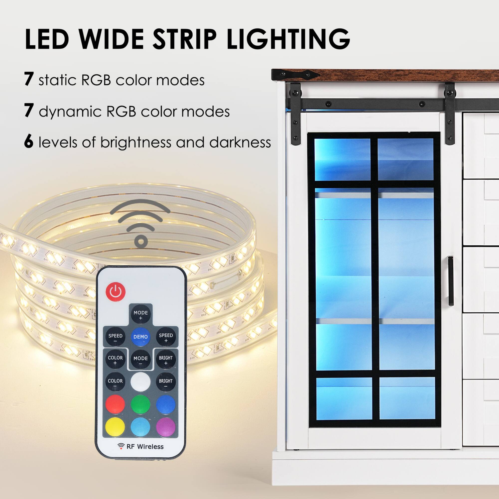 LED WIDE STRIP LIGHTING

7 static RGB color modes  
7 dynamic RGB color modes  
6 levels of brightness and darkness  

MODE  
SPEED - DEMO SPEED  
COLOR - MODE  
BRIGHT  

RF Wireless