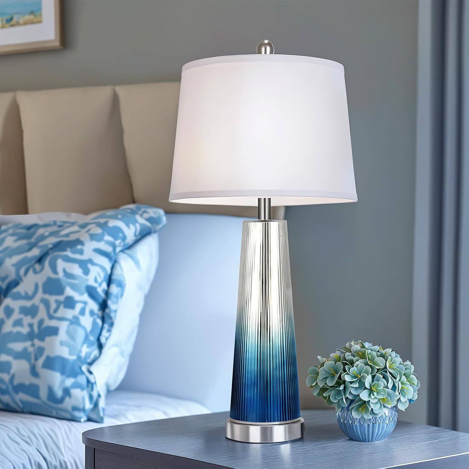 Back. Nordic Hygge - Blue Table Lamp Set of 2, 28" Coastal Bedside Lamp with 2 USB Charging Ports, Gradient Blue Glass Nightstand - Gradient Blue Glass.