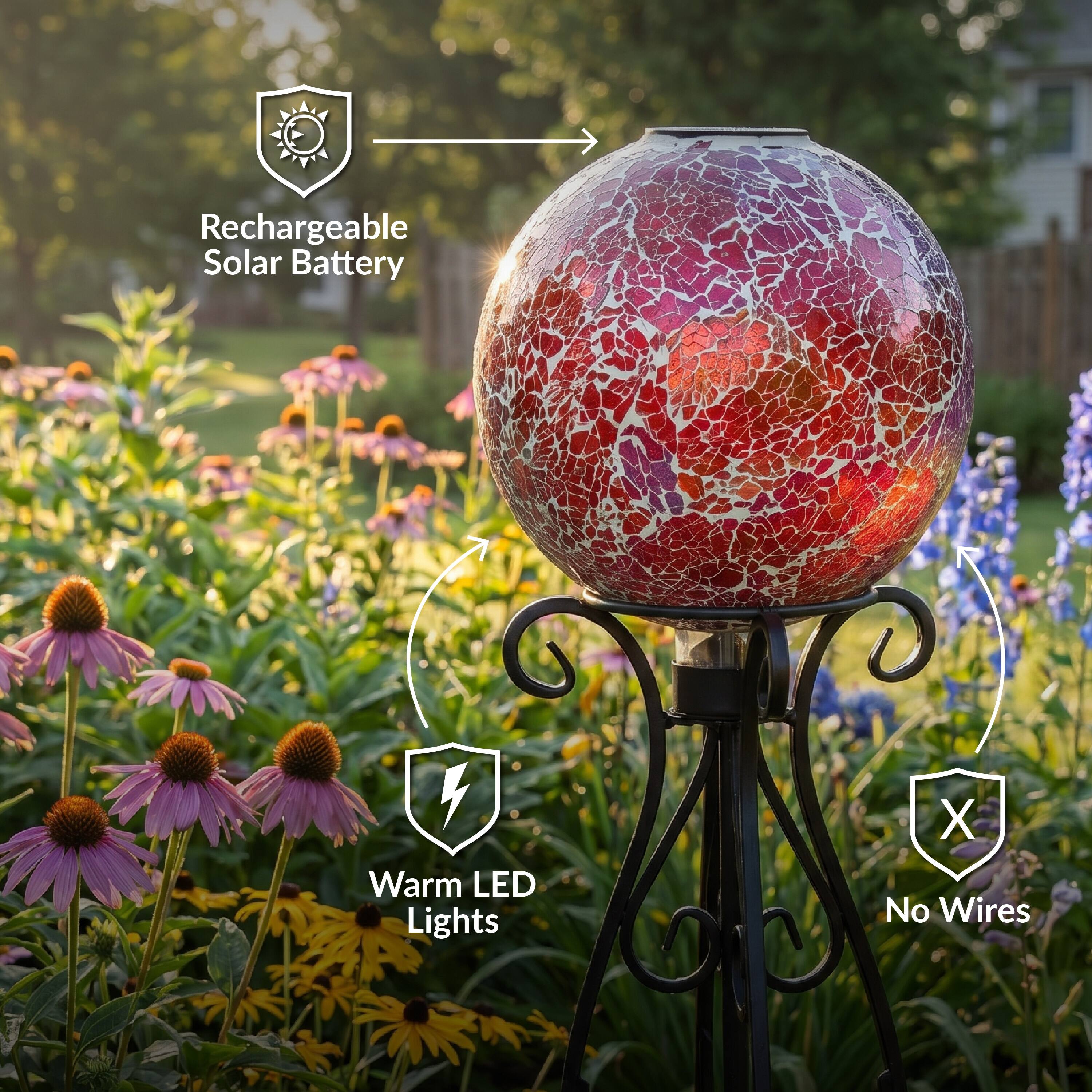 Rechargeable Solar Battery  
Warm LED Lights  
No Wires