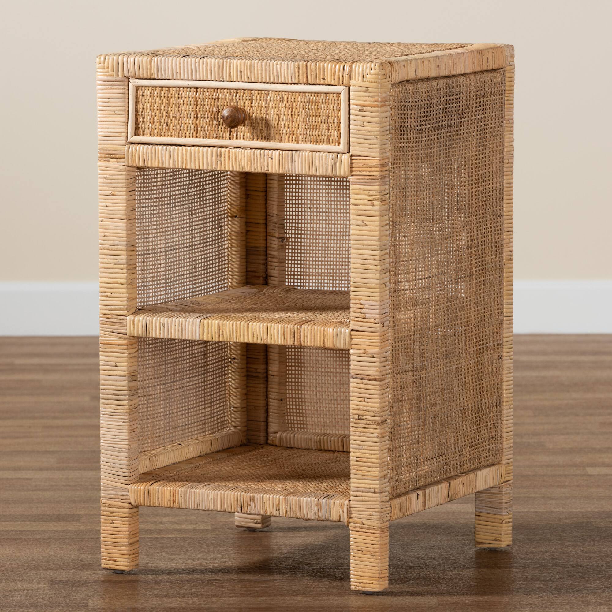 Alt View 6. bali & pari - Bella Modern Bohemian Mahogany Wood and Natural Rattan 1-Drawer Nightstand - Mahogany Wood/Plywood(Drawer)/Natural Rattan.