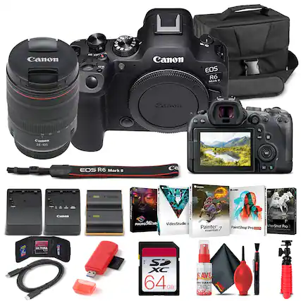 Canon EOS R6 Mark II
Canon 24-105mm Lens
Canon EOS R6 Mark II Camera
Canon Battery Charger
Canon Battery
Canon SDXC 64GB Memory Card
Canon USB Cable
Canon Lens Hood
Canon Camera Bag
PHOTO Mira
VideoStudio
Painter Essentials 7
PaintShop Pro 2015
AfterShot Pro
Ultima SP XC 64GB
CLEAN SAVE
Ultima SD Card Case