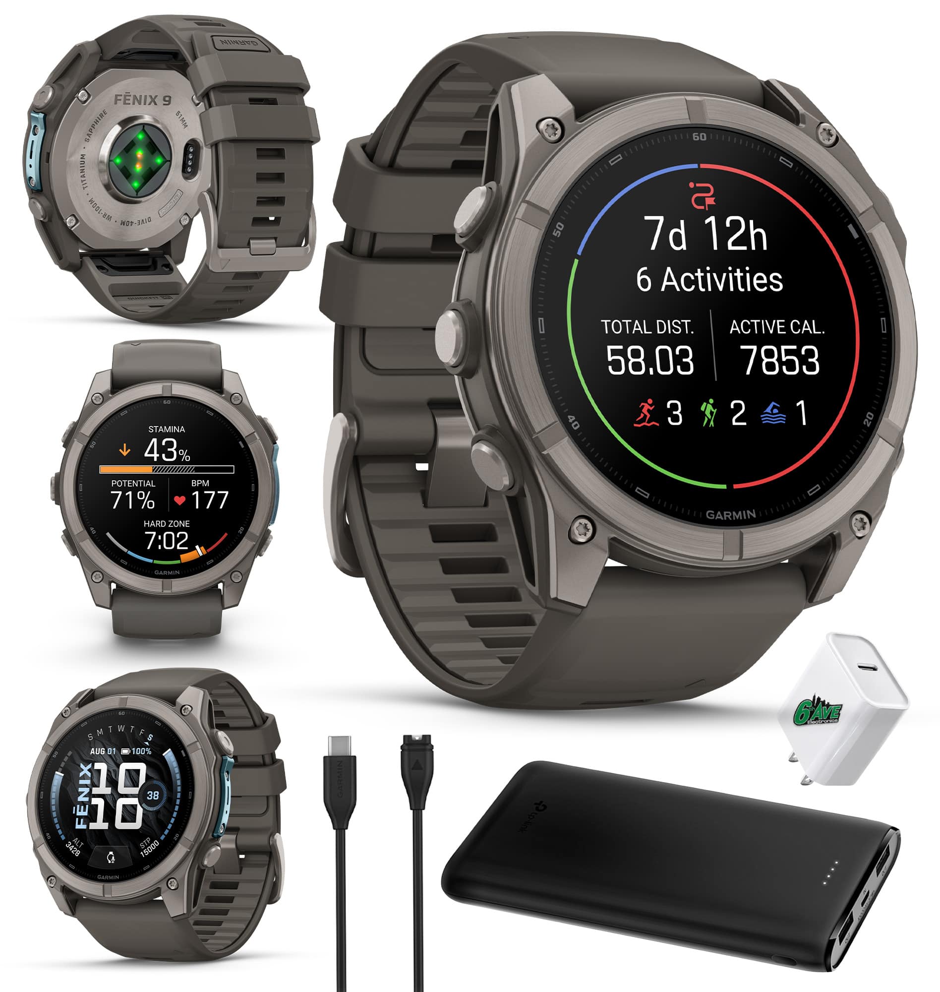GARMIN  
FENIX 9 SAPPHIRE 51MM TITANIUM  
2409-3810  

7d 12h  
6 Activities  

STAMINA 43%  
POTENTIAL BPM 71%  
177  
HARD ZONE 7:02  

TOTAL DIST. 58.03  
ACTIVE CAL. 7853  

SHINTES AUG 01  
100%  
10 FENIX 38  
10 3428  
ALT dis 15000  

GARMIN  
20  
Calories  

6'AVE
