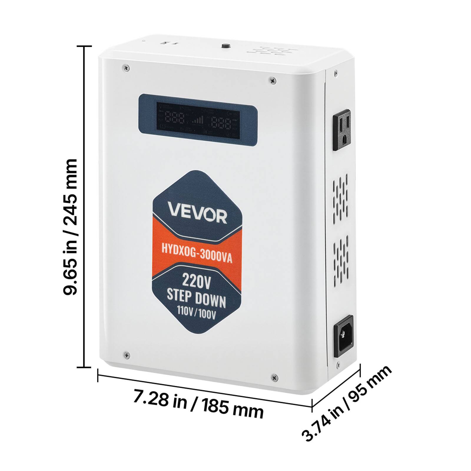 mm 245 / in 9.65  
0000 VEVOR HYDXOG-3000VA 220V STEP DOWN 110V/100V  
7.28 in / 185 mm  
95 mm / 3.74 in