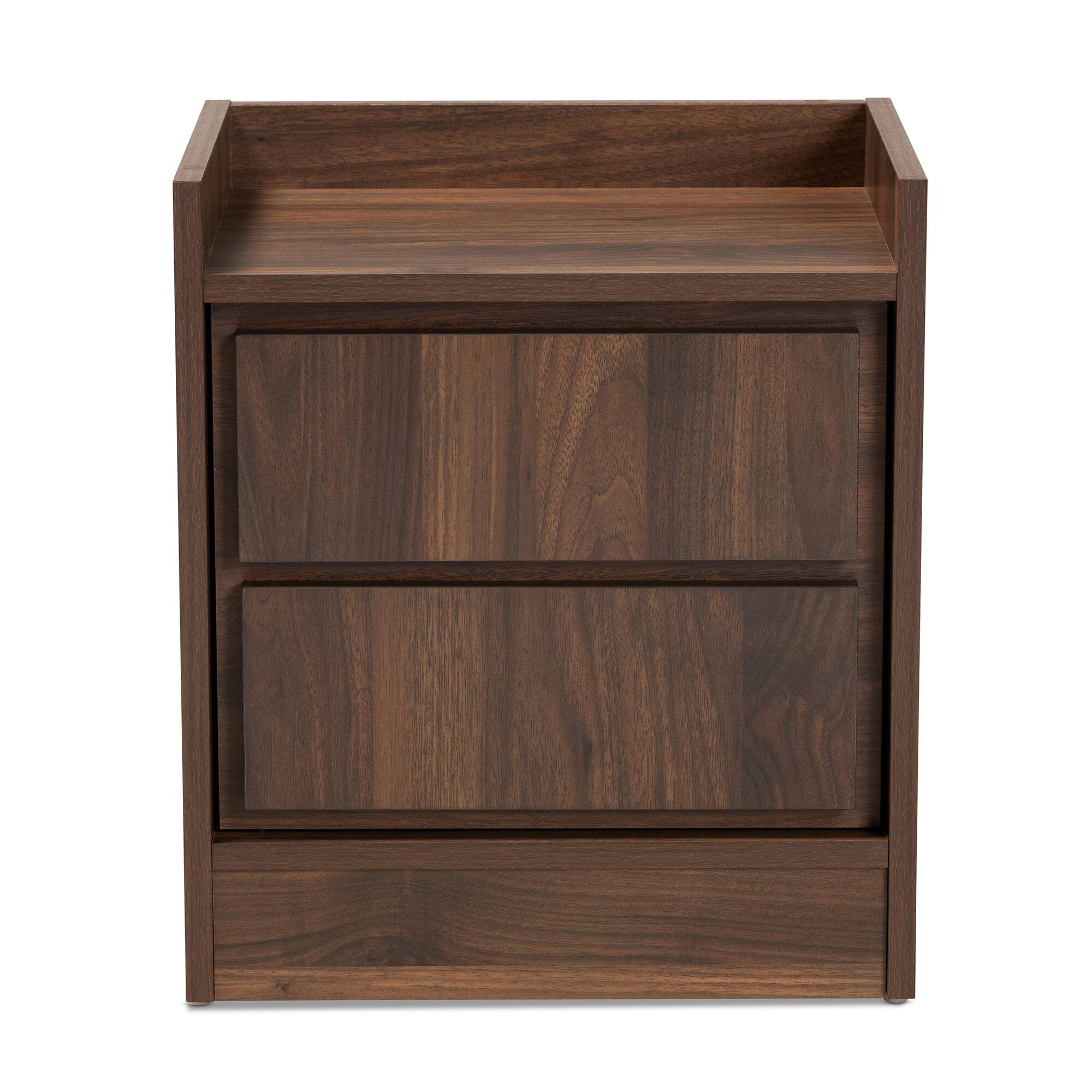 Left. Baxton Studio - Hale Modern and Contemporary Finished Wood 1-Door Nightstand - Walnut brown.