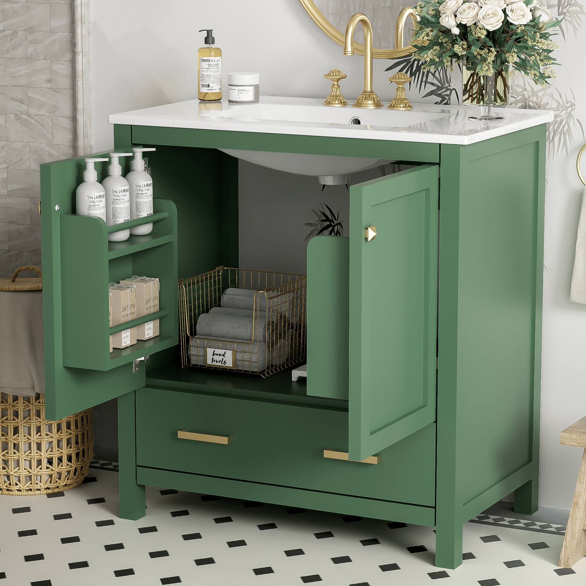 Angle. Mirfee - 30" Bathroom Vanity with Single Sink, 2 Doors, Drawer, Soft Close, Solid Wood - Green.