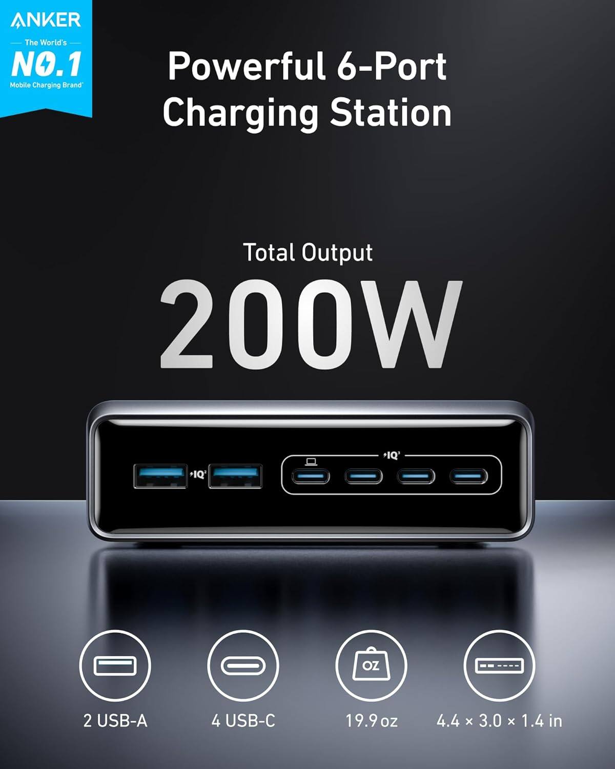 ANKER  
The World's NO.1 Mobile Charging Brand  

Powerful 6-Port Charging Station  

Total Output 200W  

2 USB-A  
4 USB-C  
19.9 oz  
4.4 x 3.0 x 1.4 in