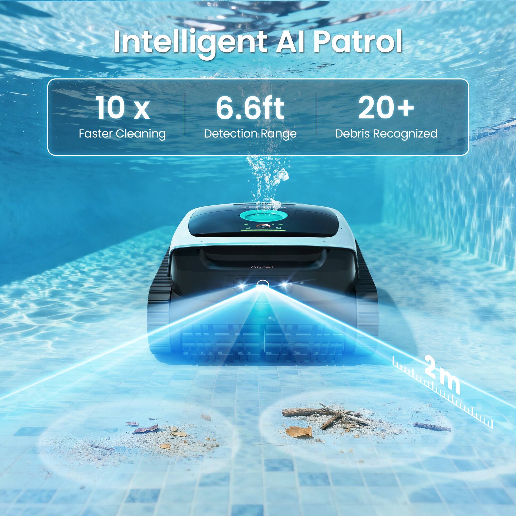 Intelligent AI Patrol  
10 x Faster Cleaning  
6.6ft Detection Range  
20+ Debris Recognized  
MPSL 2m