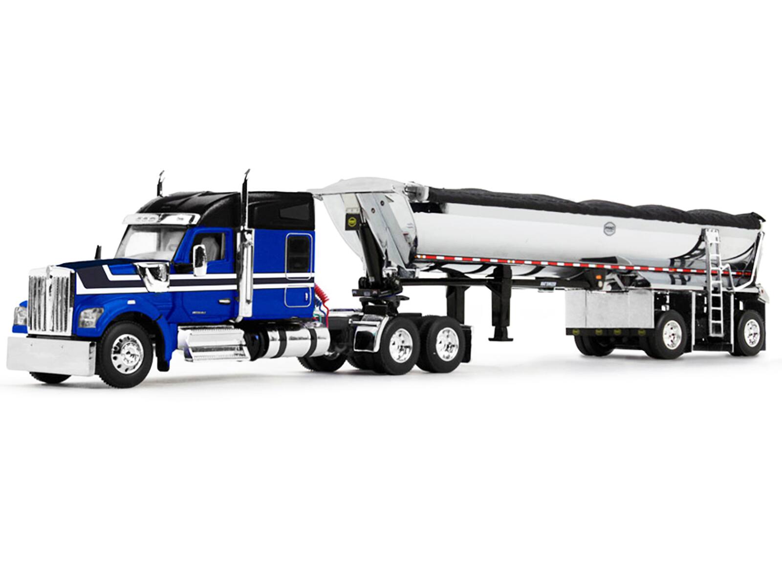 Angle. First Gear - Kenworth W990 76 Mid-Roof Sleeper and MAC Half Round End Dump Trailer Blue and Black 1/64 &  by DCP/First Gear - Blue and Black.