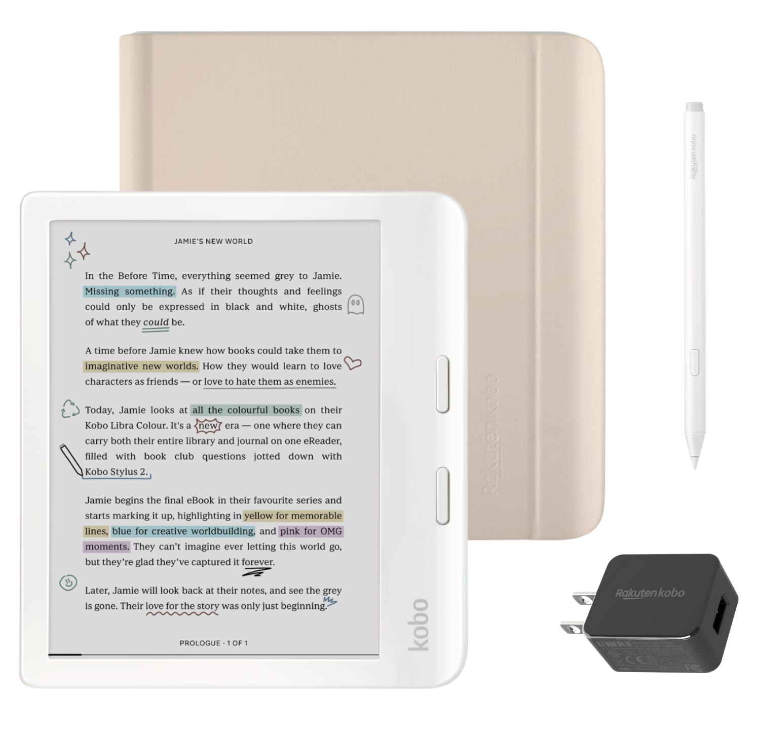 Kobo - Libra Colour (White) eReader with White Stylus 2Gen & AC Bundle - 2024 - Sand Beige Notebook SleepCover