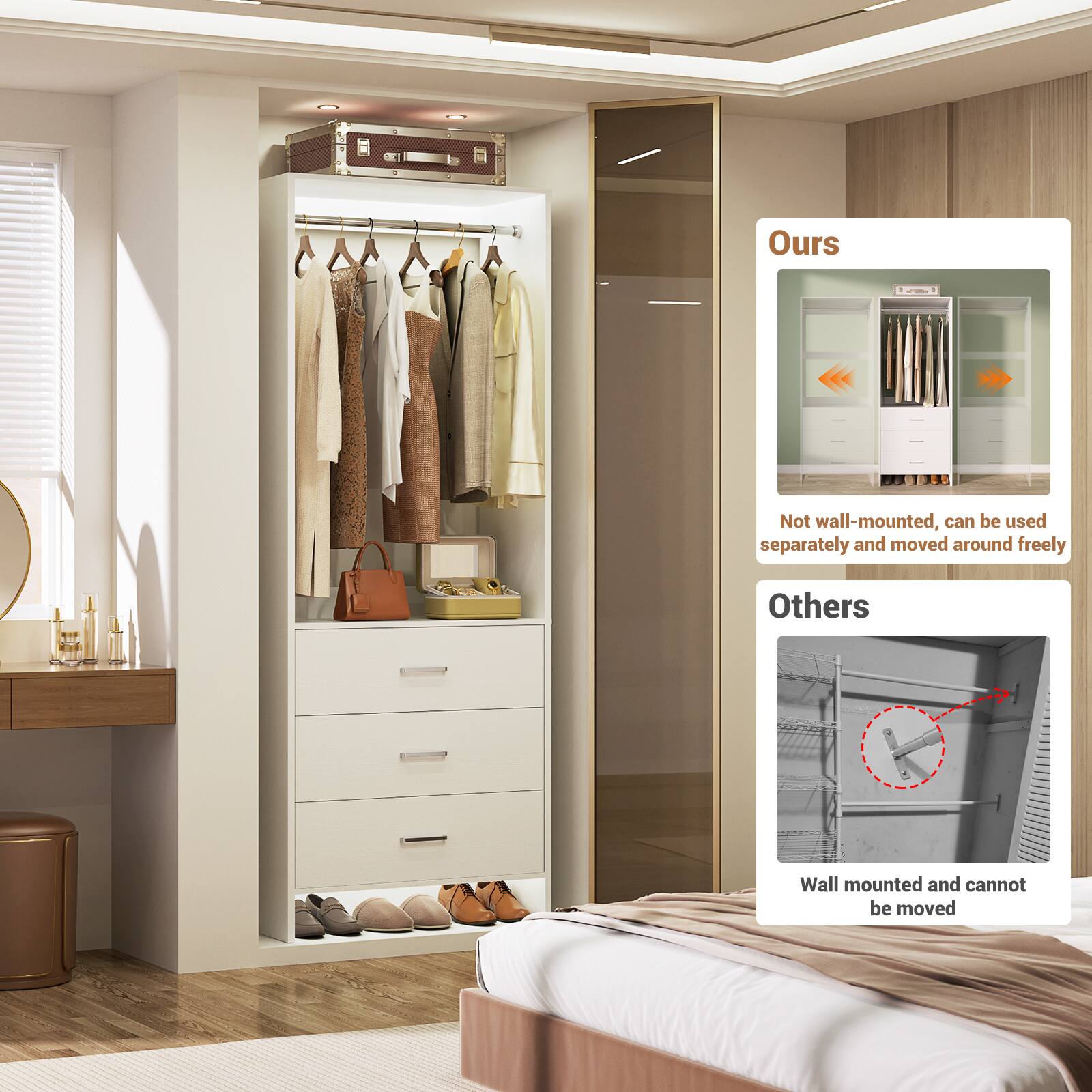 Ours  
Not wall-mounted, can be used separately and moved around freely  

Others  
Wall mounted and cannot be moved