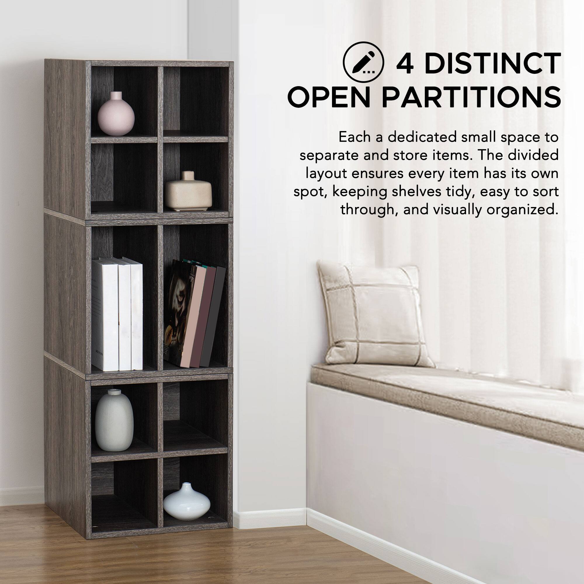 4 DISTINCT OPEN PARTITIONS

Each a dedicated small space to separate and store items. The divided layout ensures every item has its own spot, keeping shelves tidy, easy to sort through, and visually organized.