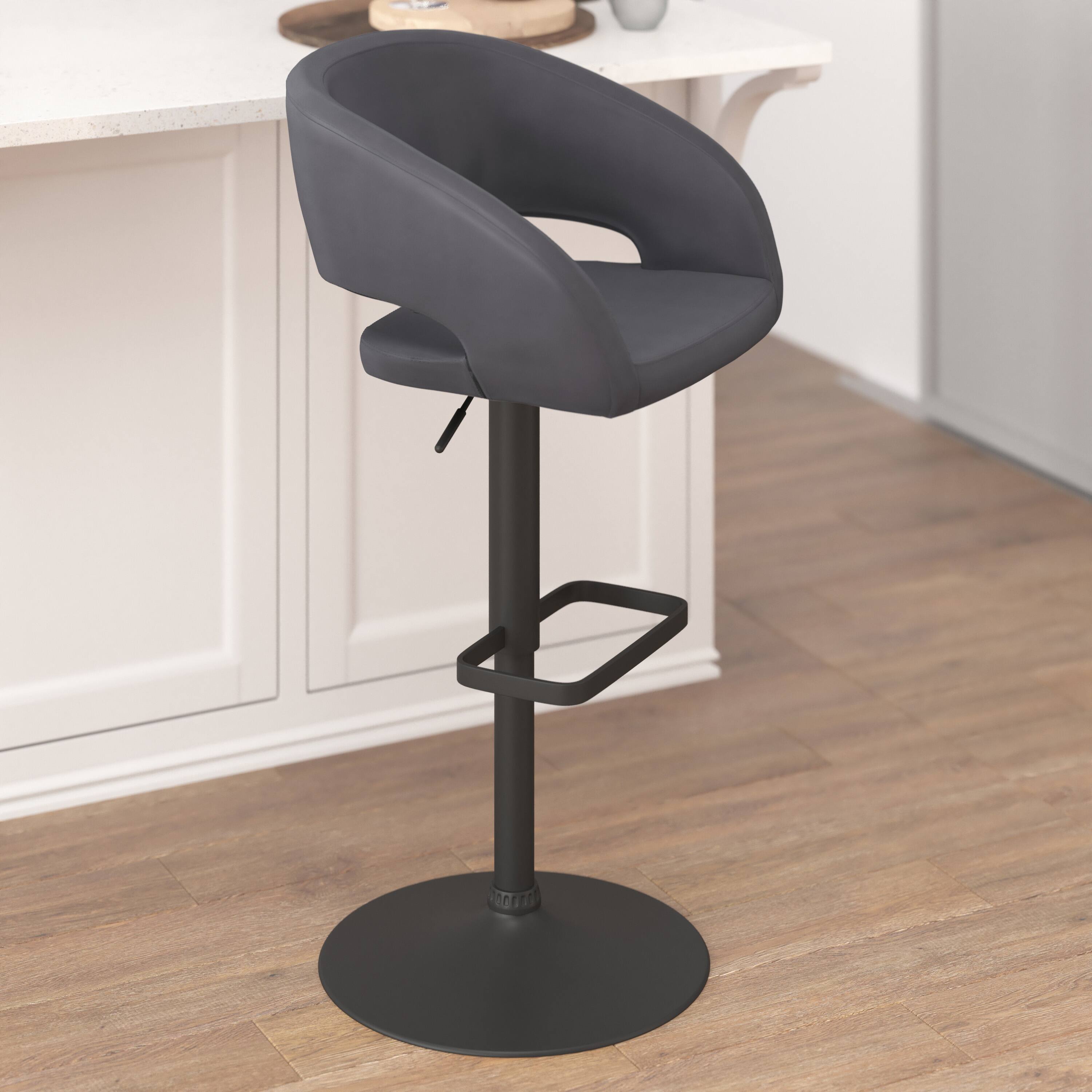 Alt View 4. Emma + Oliver - Shae Contemporary Upholstered Adjustable Height Barstool with Rounded, Cutout Mid-Back and Pedestal Base - Gray Vinyl/Black Frame.