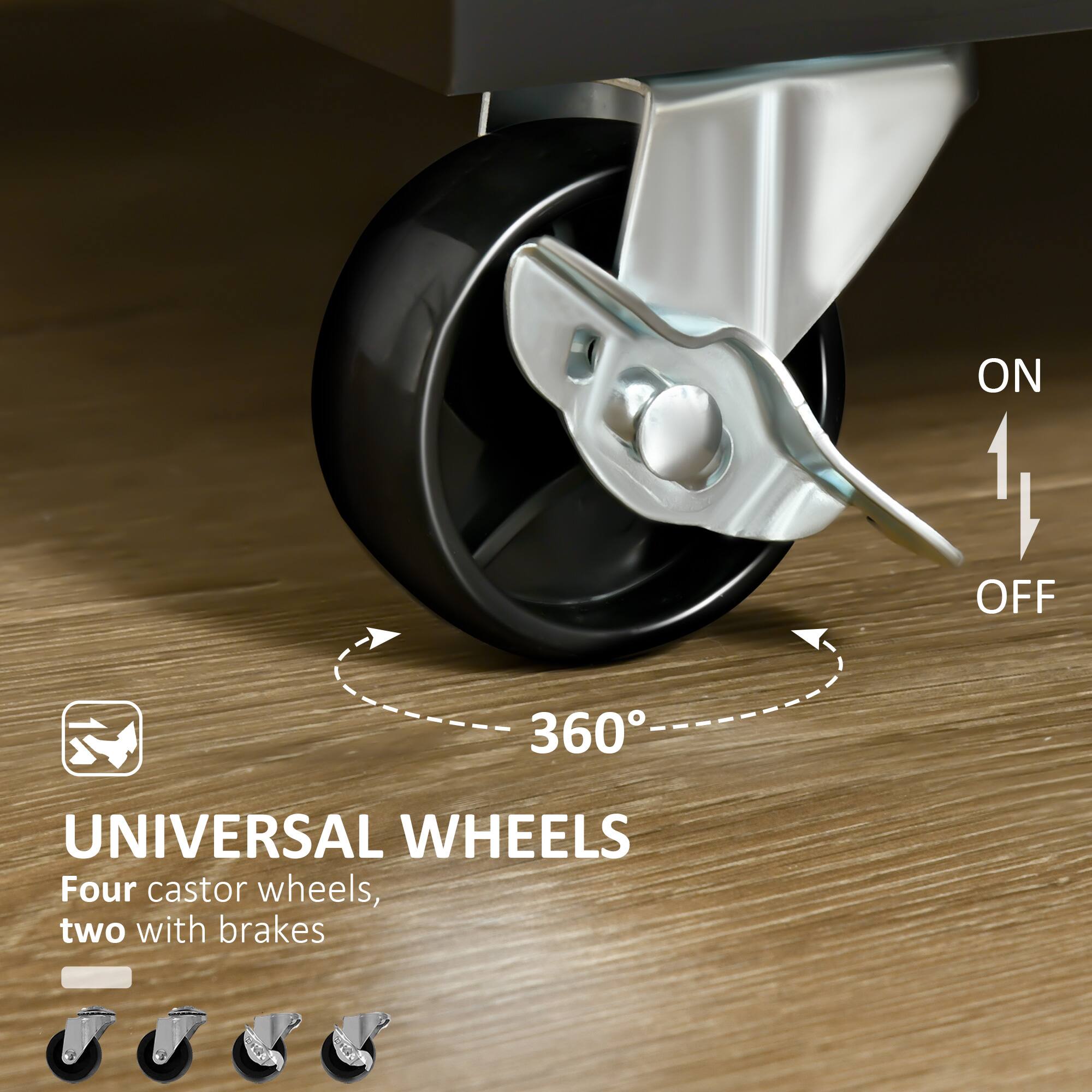 UNIVERSAL WHEELS, Four castor wheels, two with brakes, ON, OFF, 360
