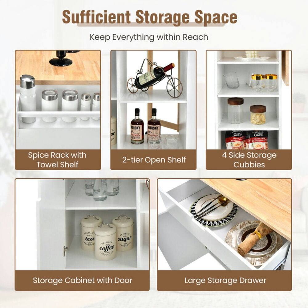 Sufficient Storage Space  
Keep Everything within Reach  

- Spice Rack with Towel Shelf  
- 2-tier Open Shelf  
- 4 Side Storage Cubbies  
- Storage Cabinet with Door  
- Large Storage Drawer