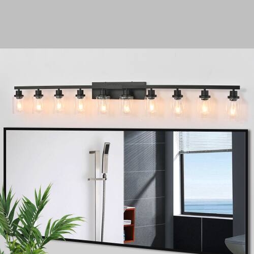 Angle. LUCKY ONE - 65in Wall Mount Vanity Light, 10-Light Matte Black Sconce with Clear Glass Shades for Mirror - Black.