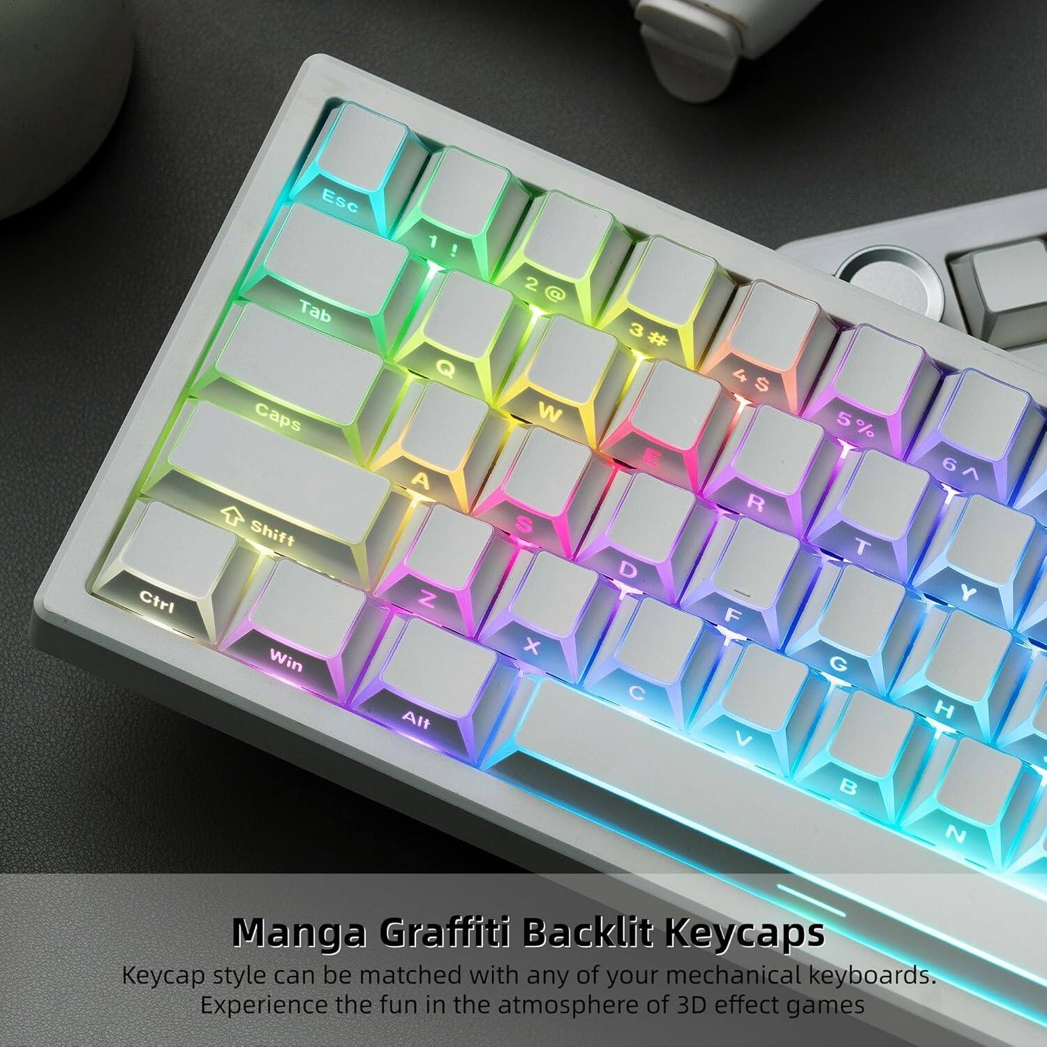 Ctrl Esc Tab Caps Shift Win 1 ! Q A Z Alt 2 W S x 3 # E D C 4 $ T R F V 5% 5 T G B 6 6 Y H > N Manga Graffiti Backlit Keycaps eycap style can be matched with any of your mechanical keyboards. Experience the fun in the atmosphere of 3D effect games