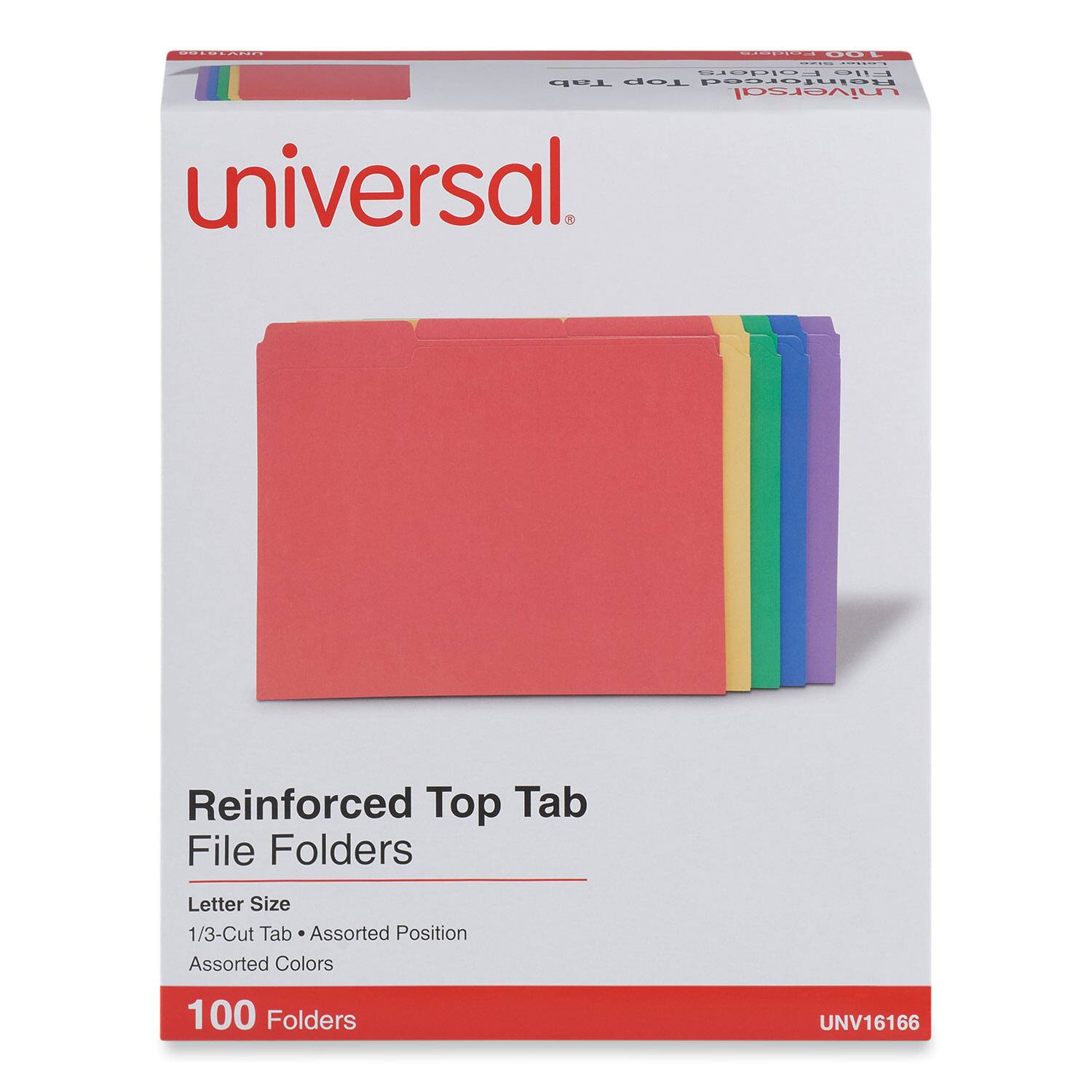 Universal  
Reinforced Top Tab File Folders  
Letter Size  
1/3-Cut Tab • Assorted Position  
Assorted Colors  
100 Folders  
UNV16166
