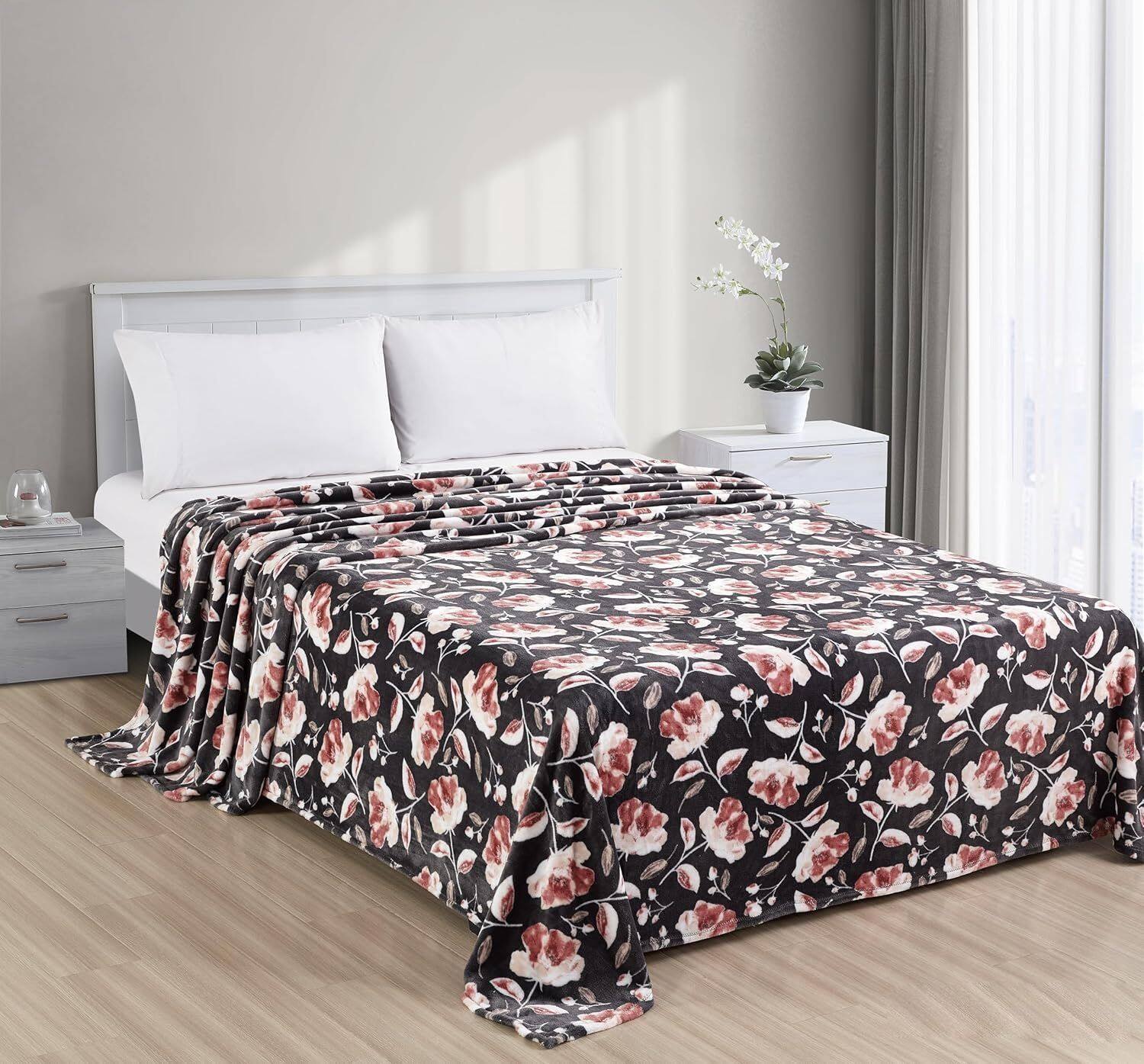 Front. Noble House - Noble House Altura Rose Microplush Floral Super Soft and Cozy Blanket - Size Queen - Brown.