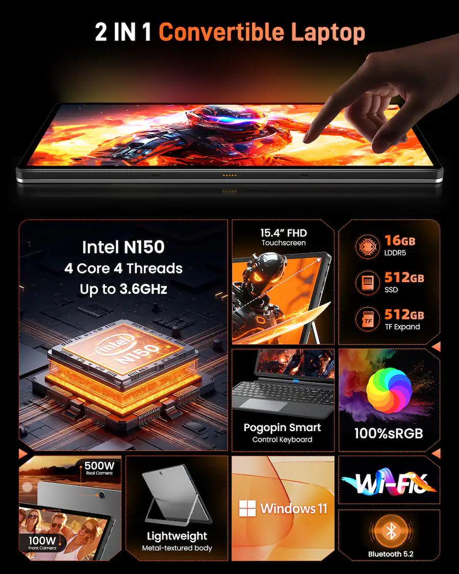 Jumper 2 in 1 Laptop Tablet, 15.4 inch Computer IPS FHD Touchscreen, 4 ...