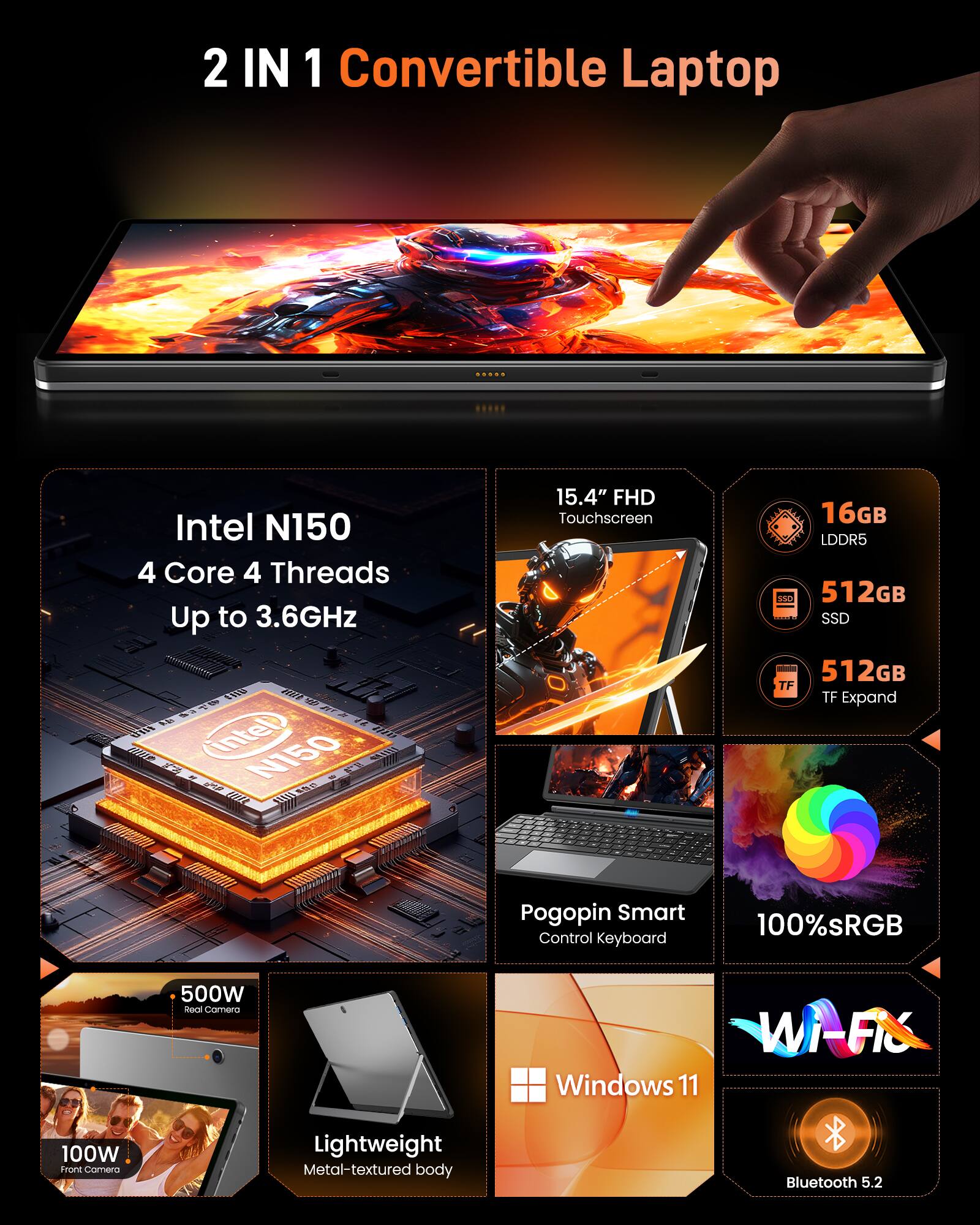 2 IN 1 Convertible Laptop

Intel N150  
4 Core 4 Threads  
Up to 3.6GHz

15.4" FHD Touchscreen

16GB DDR5

512GB SSD

512GB TF Expand

Pogopin Smart Control Keyboard

100% sRGB

500W Rear Camera

100W Front Camera

Lightweight Metal-textured body

Windows 11

Wi-Fi

Bluetooth 5.2