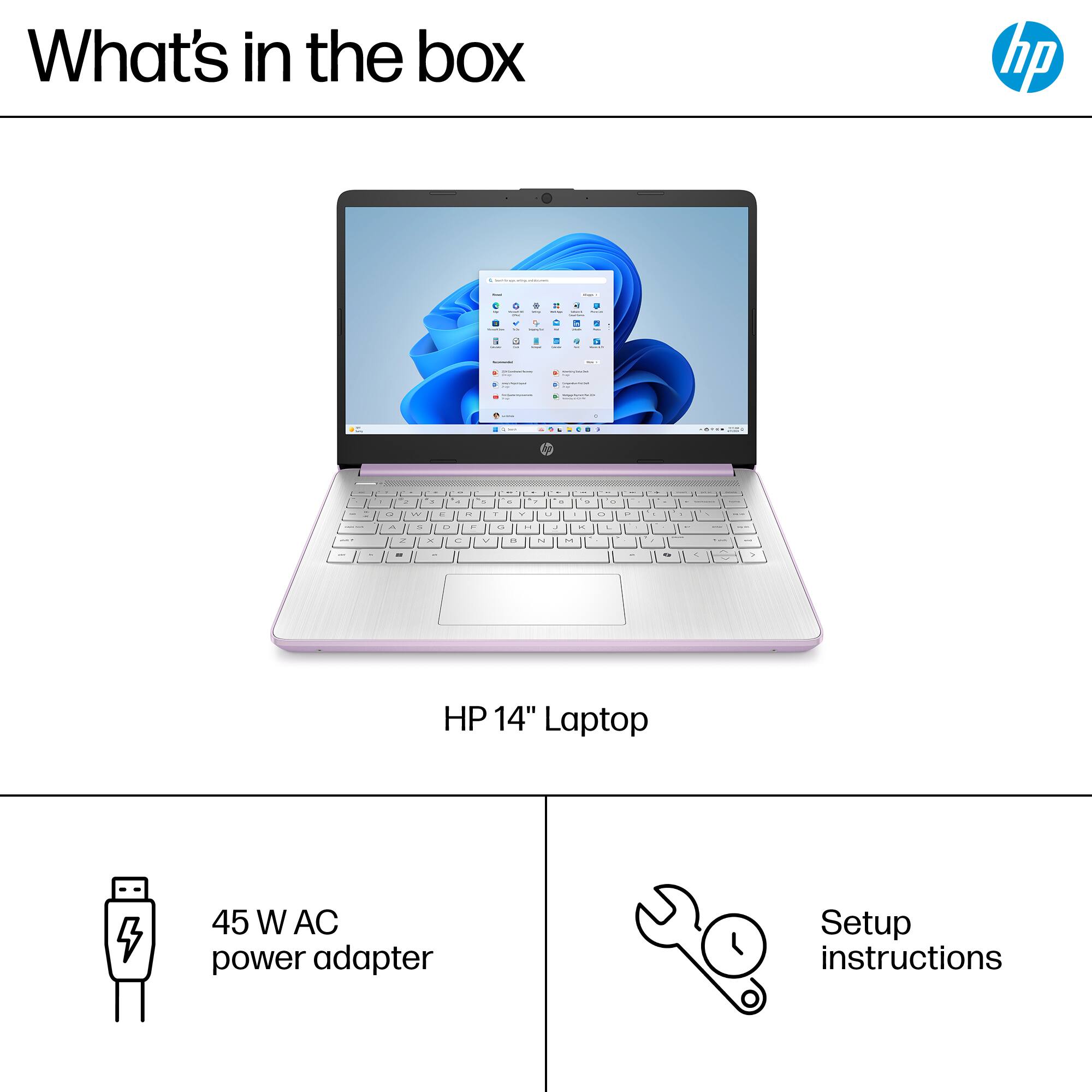 What's in the box: HP 14" Laptop, 45 W AC power adapter, Setup instructions.