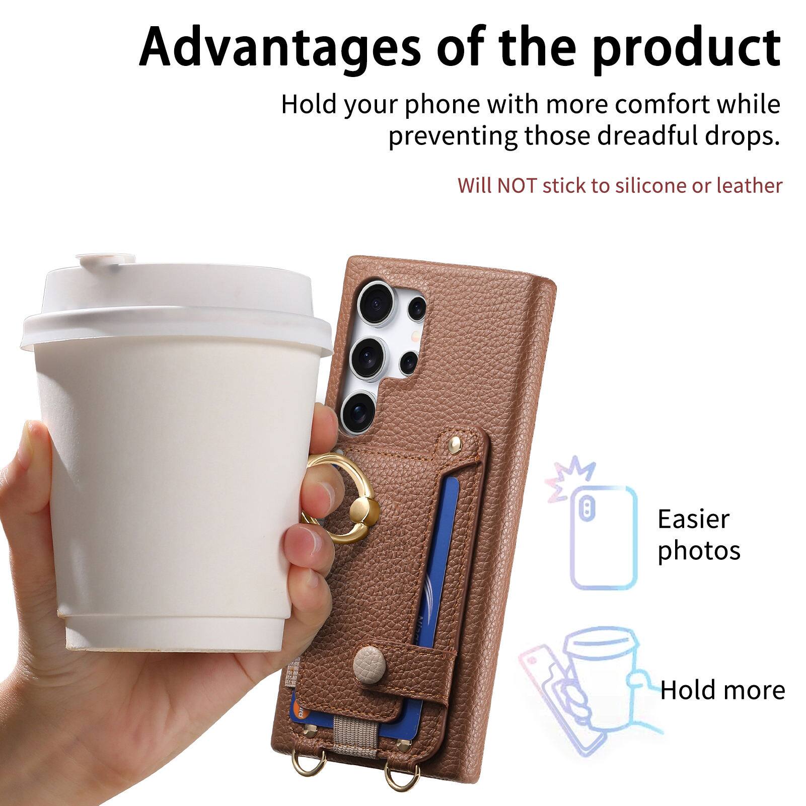 Advantages of the product

- Hold your phone with more comfort while preventing those dreadful drops.
- Will NOT stick to silicone or leather
- Easier photos
- Hold more