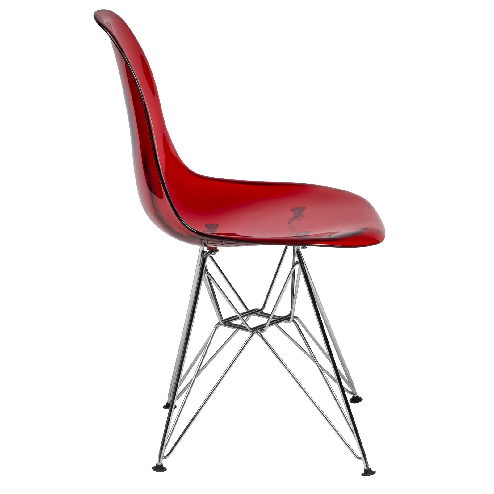 Back. LeisureMod - Cresco Modern Acrylic Dining Chair, Ergonomic Curved Seat with Chrome Eiffel Base - Transparent Red.