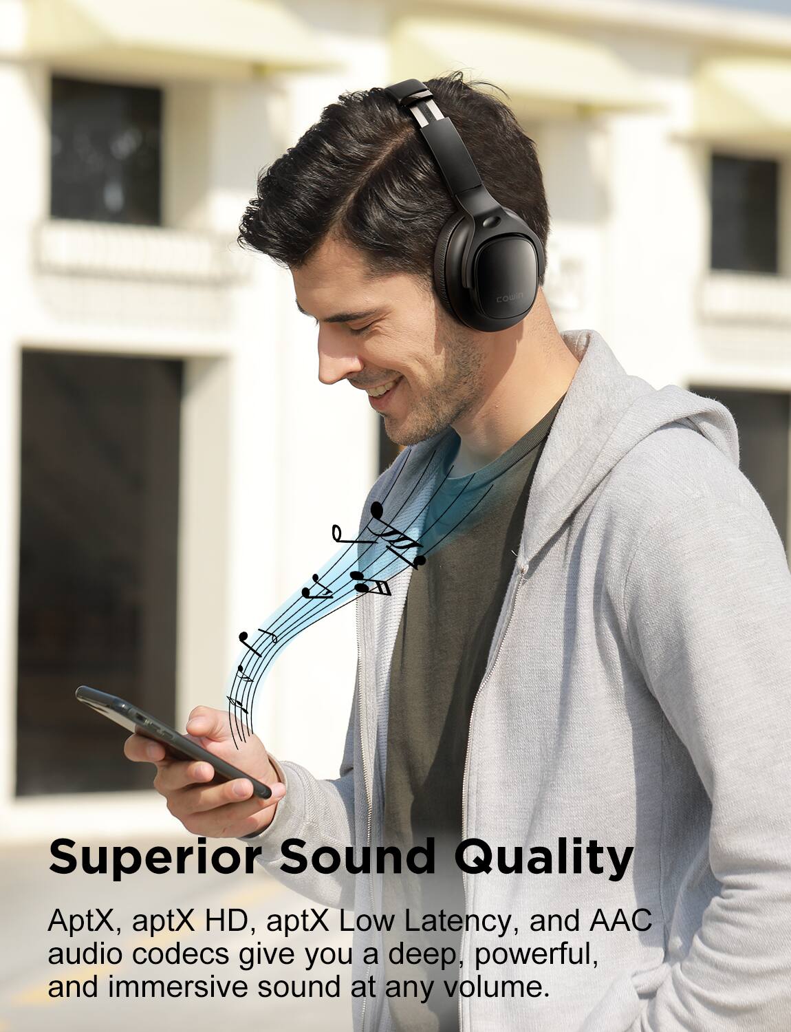 Superior Sound Quality

AptX, aptX HD, aptX Low Latency, and AAC audio codecs give you a deep, powerful, and immersive sound at any volume.