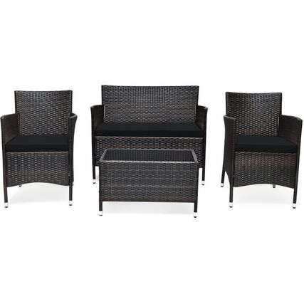 Front. Pefilos - 4 Pieces Padded Outdoor Rattan Sofa Set, Wicker Furniture Sets, Patio Conversation Sets with Washable Cushions - Black.