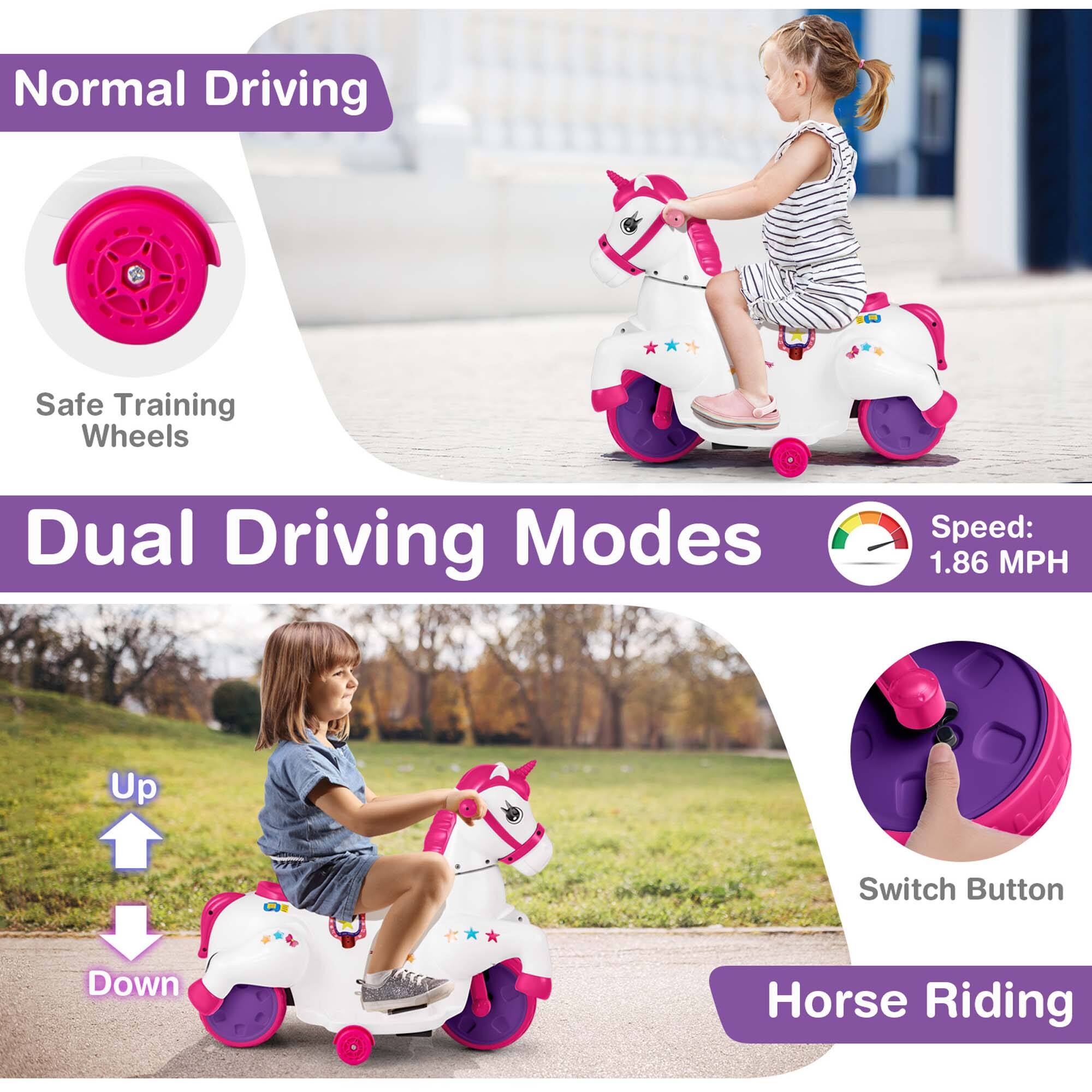 Normal Driving  
Safe Training Wheels  

Dual Driving Modes  
Speed: 1.86 MPH  

Up  
Down  

Switch Button  

Horse Riding