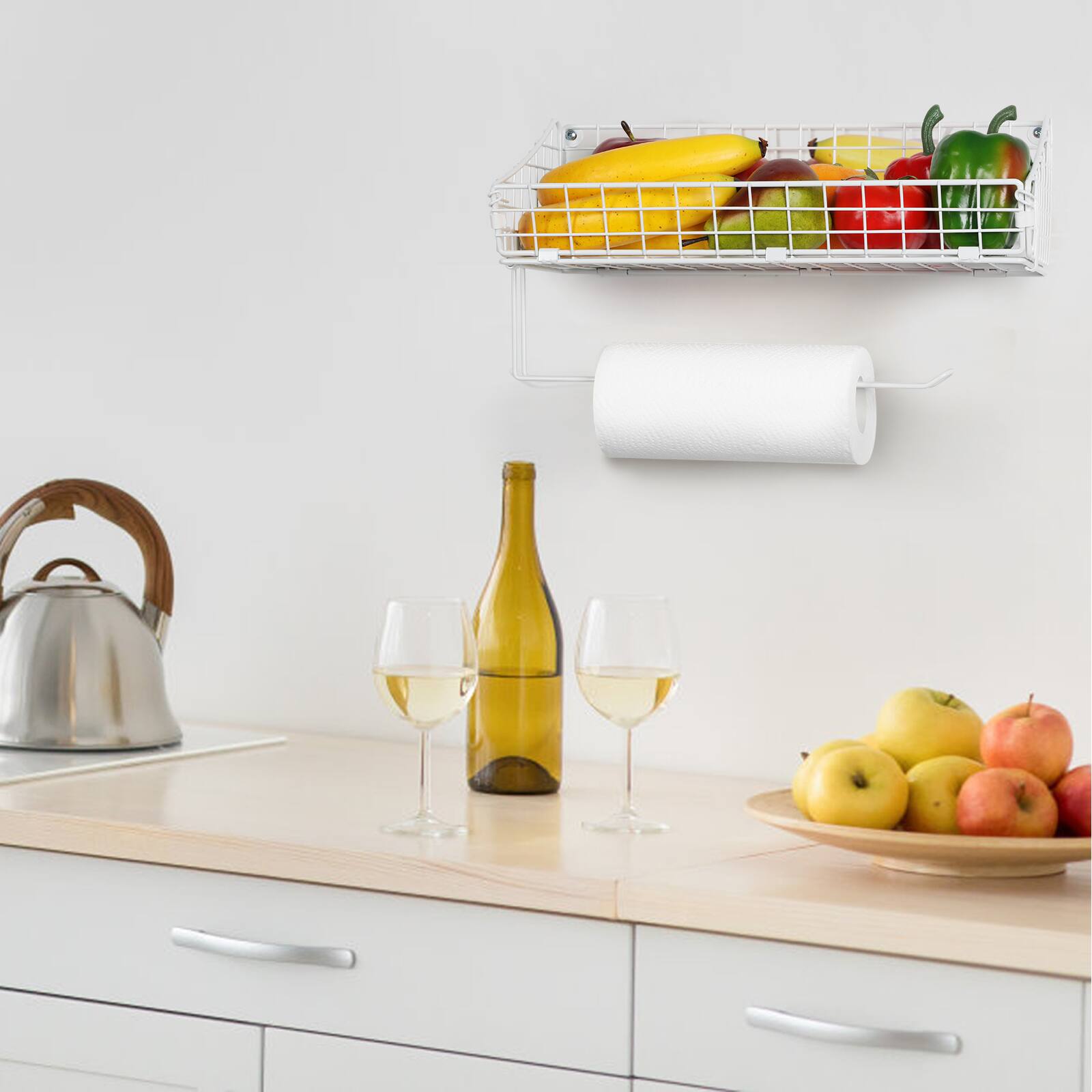 Alt View 2. Oumilen - Wall Mounted Wire Storage Basket with Paper Towel Holder – White Metal Organizer, 2 Pack.
