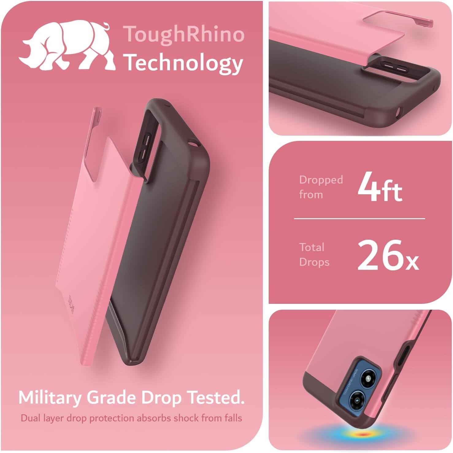 ToughRhino Technology

Dropped from 4ft  
Total Drops 26x

Military Grade Drop Tested.  
Dual layer drop protection absorbs shock from falls