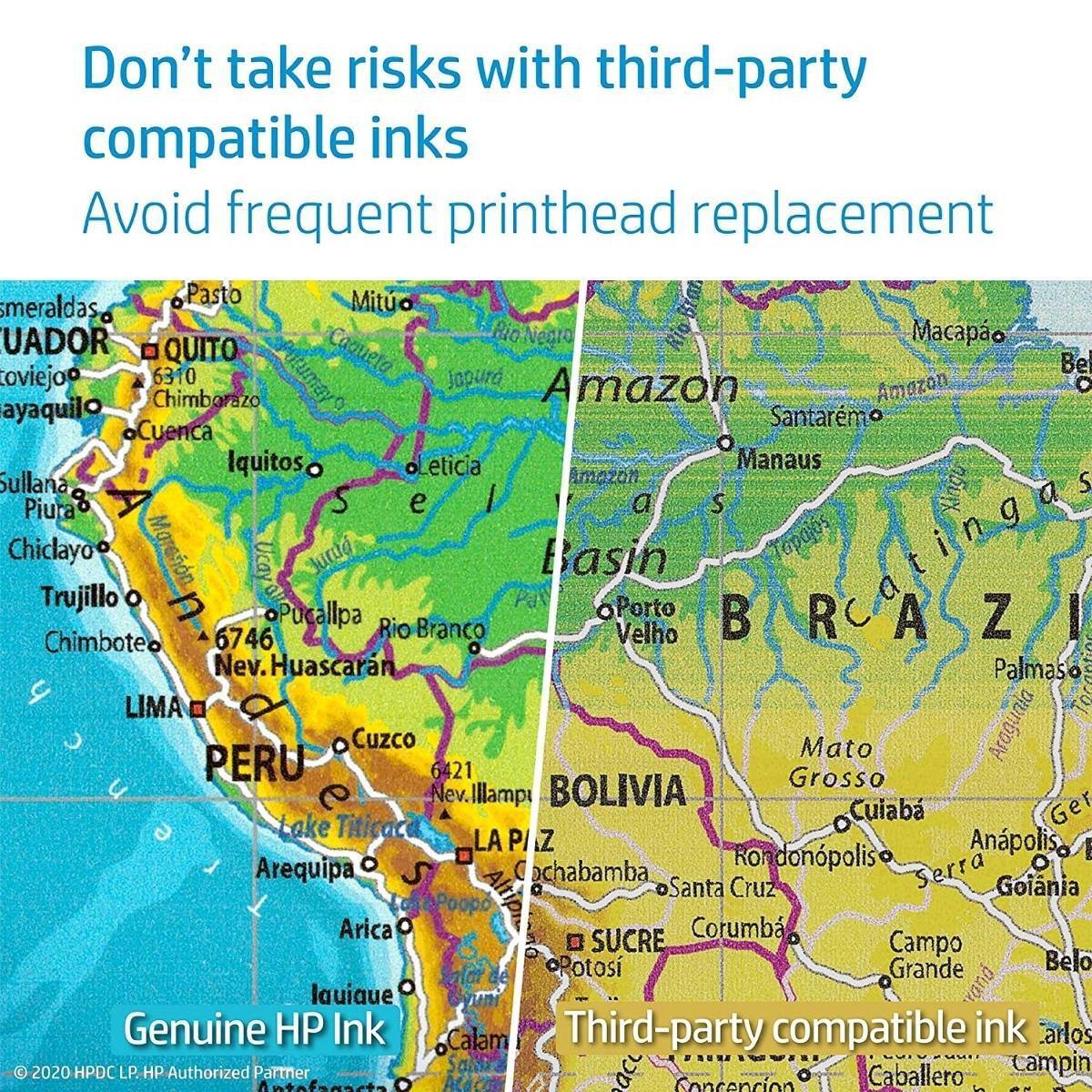 Don't take risks with third-party compatible inks  
Avoid frequent printhead replacement  

Pasto  
Mituto  
UADOR  
Macapá  
QUITO  
Caquetá  
Putumayo  
Bel oviejo  
6310  
Japurá  
Amazon  
Chimborazo  
Amazon  
Ayaquil  
Santarem  
Cuenca  
Iquitos  
Leticia  
Manaus  
Sullana  
Amazon  
Piura  
S e a  
S Xingu  
Chiclayo  
Trujillo  
Maran  
Ucay Jurd Basin  
Porto Velho  
Pucallpa  
Rio Branco  
A Z Chimboteo  
6746  
Velho  
Nev. Huascaran  
Palmaso  
LIMA  
Araguacu  
Loco  
Cuzco  
Mato  
PERU  
6421  
Grosso  
ev.llamp  
BOLIVIA  
Ger  
Cuiaba  
Lake Titicaca  
LAPAZ  
Anpolis, exparity  
Arequipa  
Cochabamba  
Rondonopolis  
Serra  
Santa Cruz  
Goinia  
Arica  
Corumbá  
S