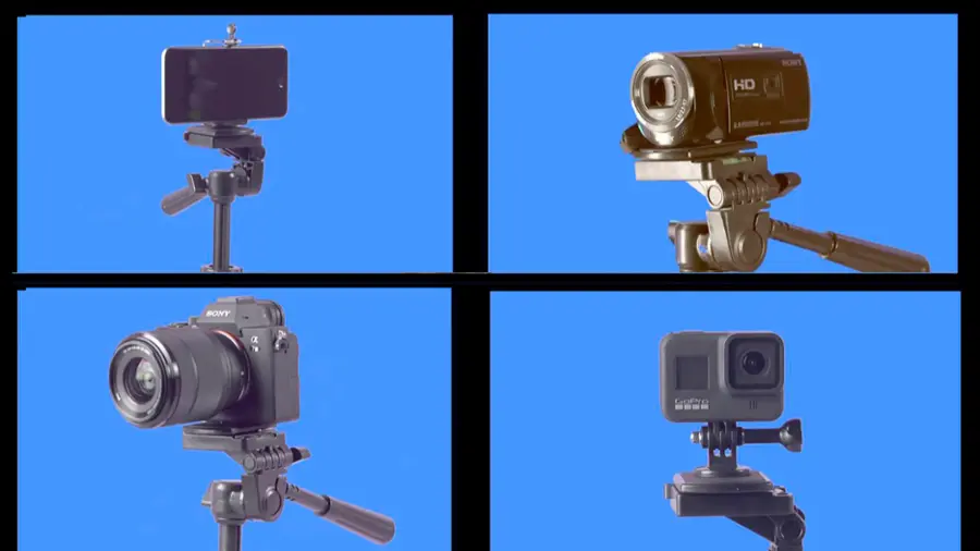 The image features a variety of cameras, including a Sony 1 HD camera, a Sony camera, and a GoPro camera. The cameras are displayed in different positions, such as on a tripod, on a stand, and on a mount. The image also includes a close-up of a camera lens, showcasing the details of the equipment.