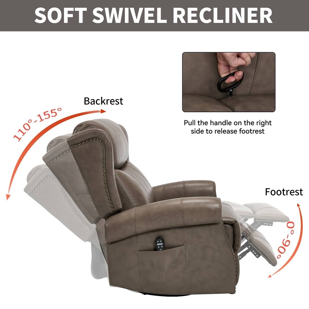 SOFT SWIVEL RECLINER

Backrest 110-155°

Pull the handle on the right side to release footrest

Footrest 0-90°