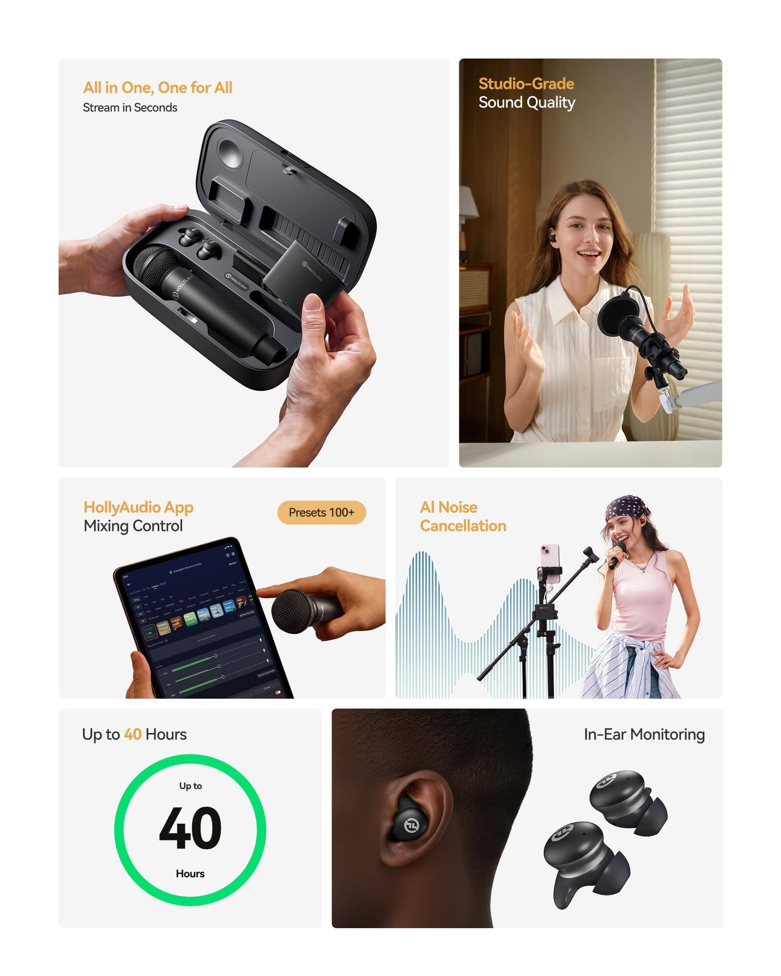 All in One, One for All  
Stream in Seconds  
Studio-Grade Sound Quality  
HollyAudio App Mixing Control  
Presets 100+  
AI Noise Cancellation  
Up to 40 Hours  
In-Ear Monitoring